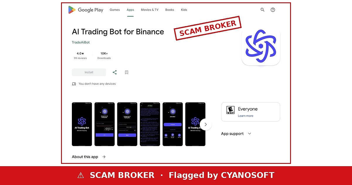 AI Trading Bot for Binance Google Play listing flagged by CYANOSOFT