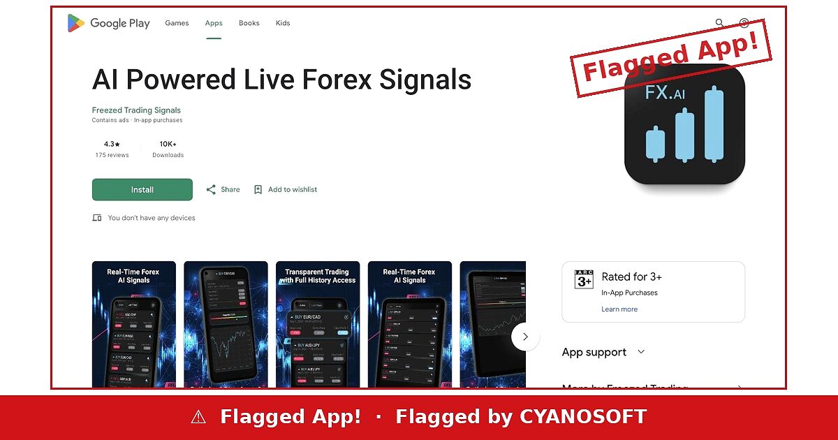 AI Powered Live Forex Signals listing on Google Play flagged by Cyanosoft