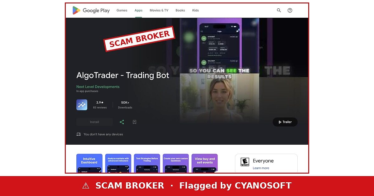 AlgoTrader Google Play listing flagged by CYANOSOFT