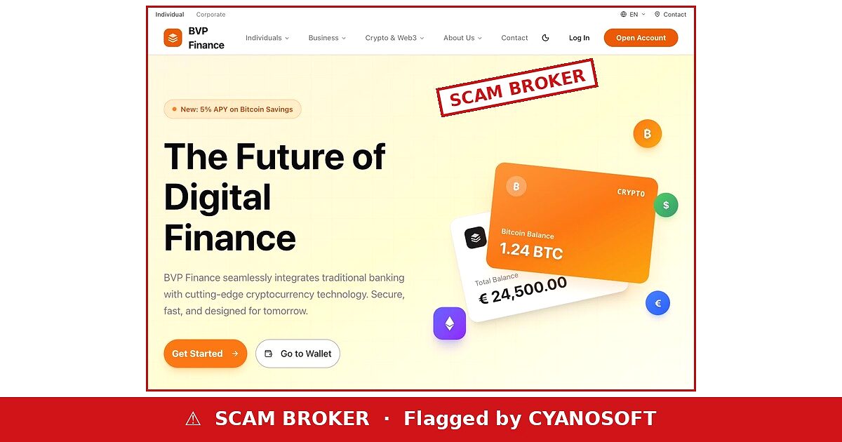 BVP Finance website, flagged by CYANOSOFT
