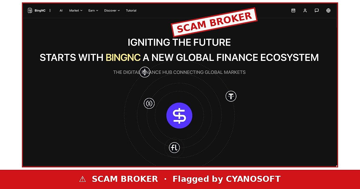 BingNC website flagged as a scam broker by Cyanosoft