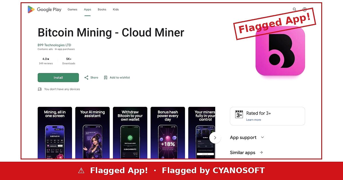 Bitcoin Mining Cloud Miner by B99 Technologies listing flagged by Cyanosoft