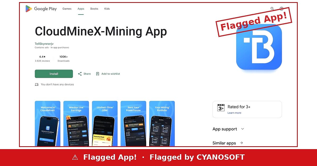 CloudMineX Mining App listing on Google Play flagged by Cyanosoft