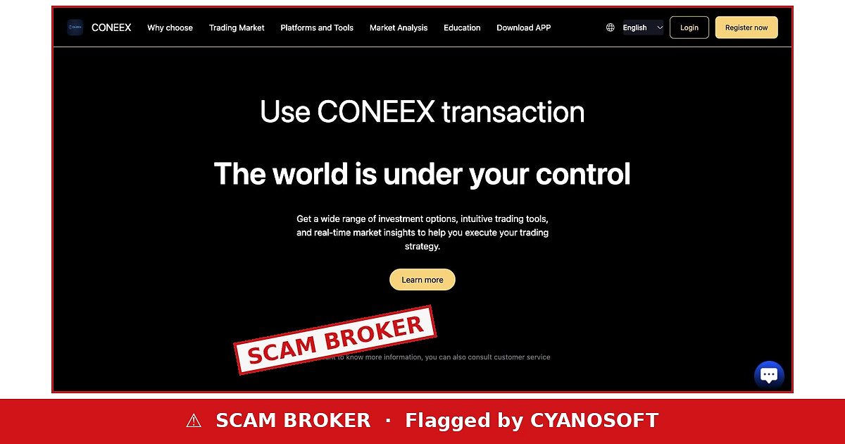 Coneex website flagged as a scam broker by Cyanosoft