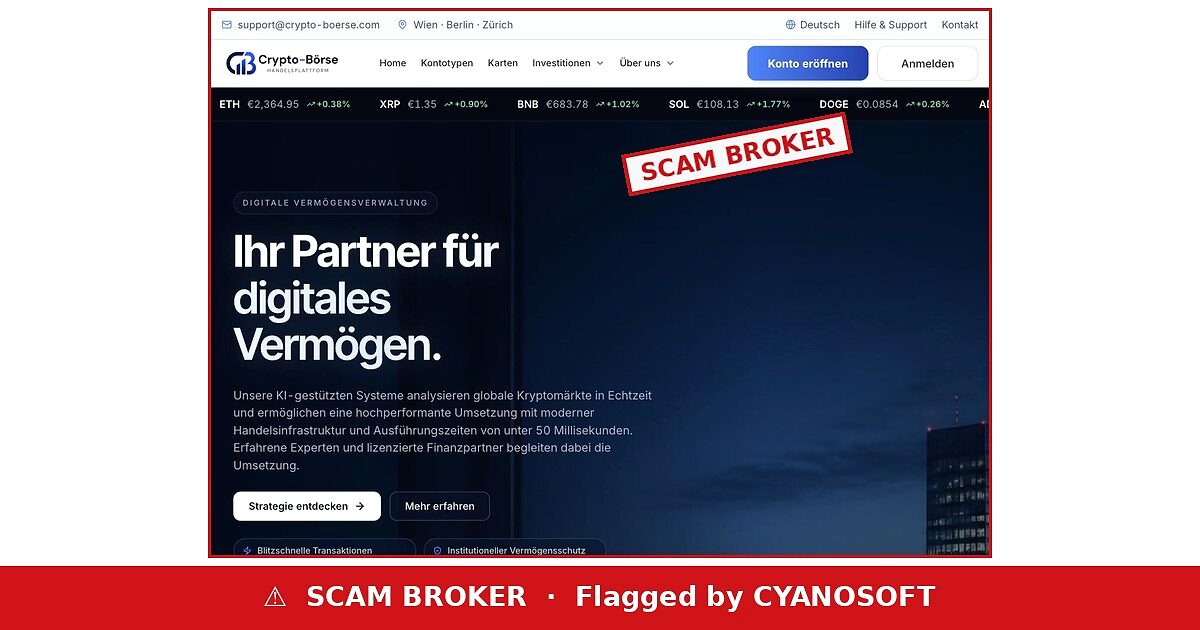 Crypto-Börse website, flagged by CYANOSOFT
