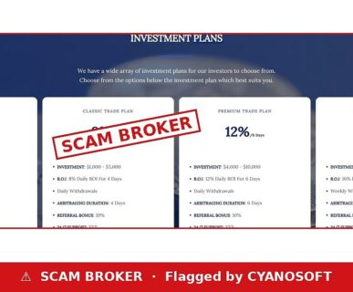 Finance Grand Trades flagged as a scam broker by CYANOSOFT