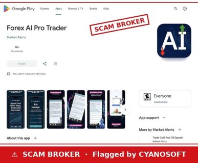 Forex AI Pro Trader Google Play listing flagged by CYANOSOFT