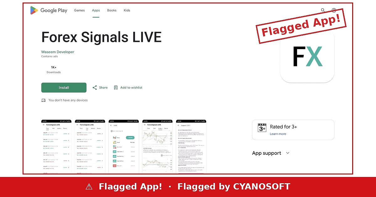 Forex Signals LIVE by Waseem Developer listing flagged by Cyanosoft