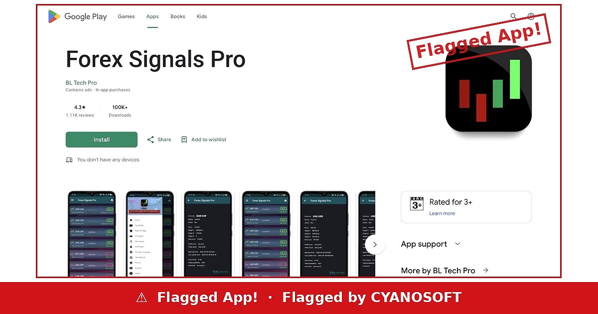 Forex Signals Pro by BL Tech Pro listing on Google Play flagged by Cyanosoft