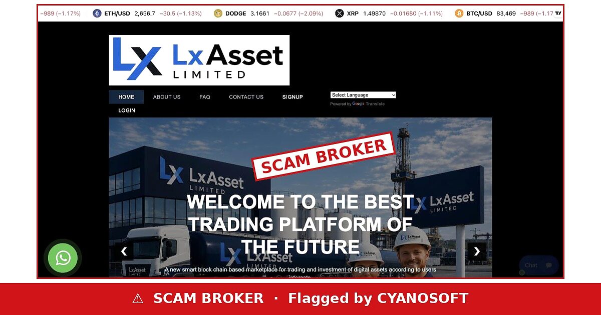 LX Capital Assets website stamped SCAM BROKER, flagged by CYANOSOFT