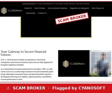 MJ Life and Pensions website — flagged by CYANOSOFT