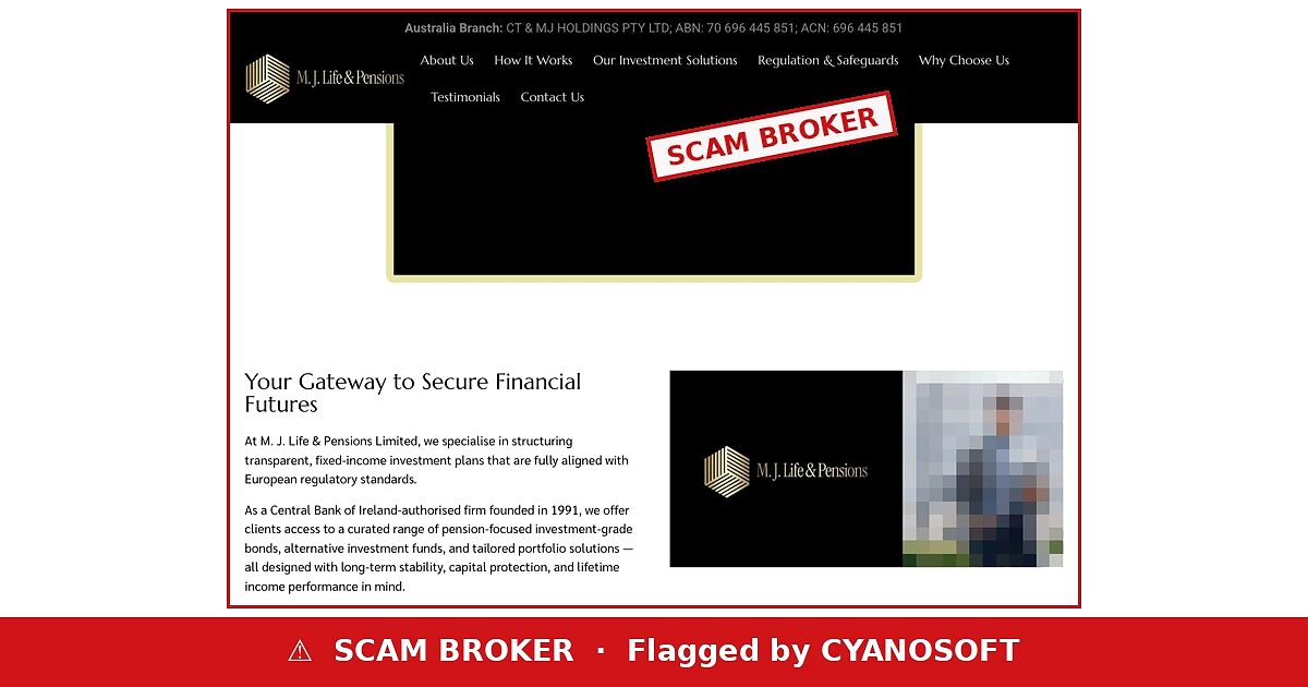 MJ Life and Pensions website — flagged by CYANOSOFT