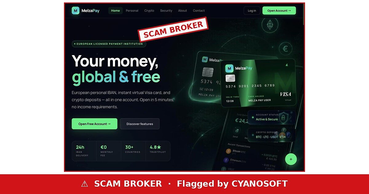 MelzaPay website — flagged by CYANOSOFT