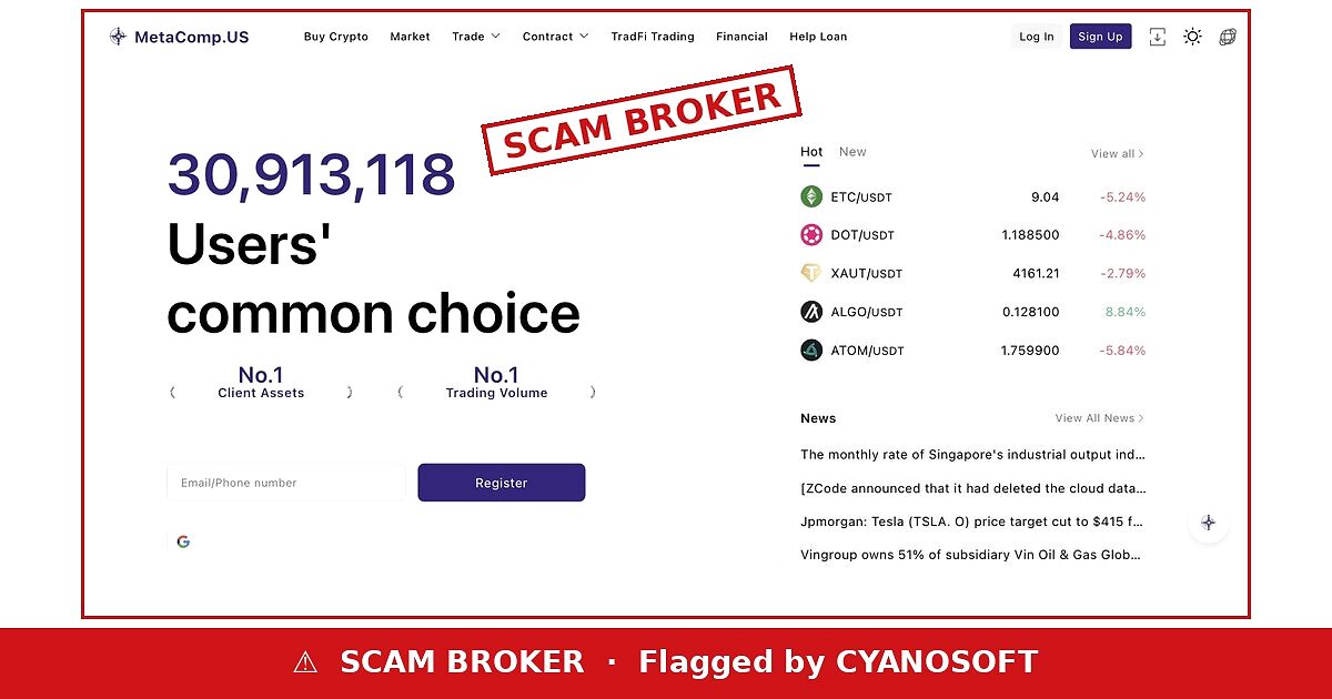 MetaComp.US website flagged as a scam broker by Cyanosoft