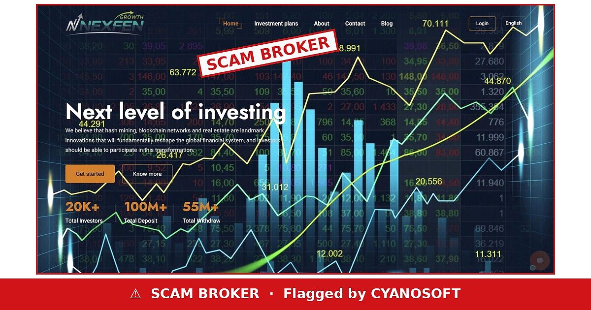 Nexfen Growth website flagged as a scam broker by Cyanosoft