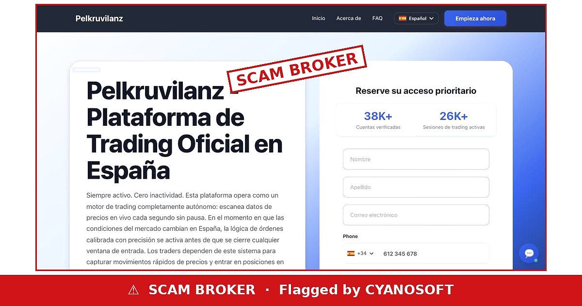Pelkruvilanz website stamped SCAM BROKER, flagged by CYANOSOFT