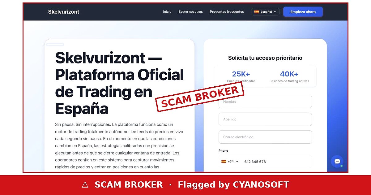 Skelvurizont website stamped SCAM BROKER, flagged by CYANOSOFT