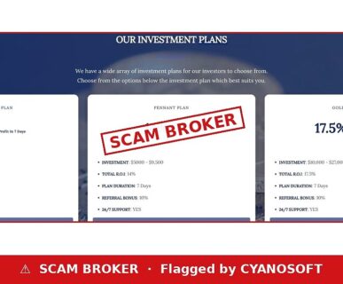 Spinfluence Outlay flagged as a scam broker by CYANOSOFT
