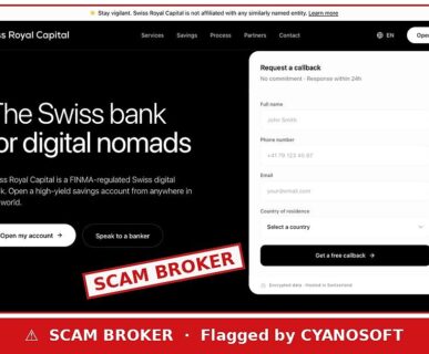 Swiss Royal Capital — flagged by Cyanosoft