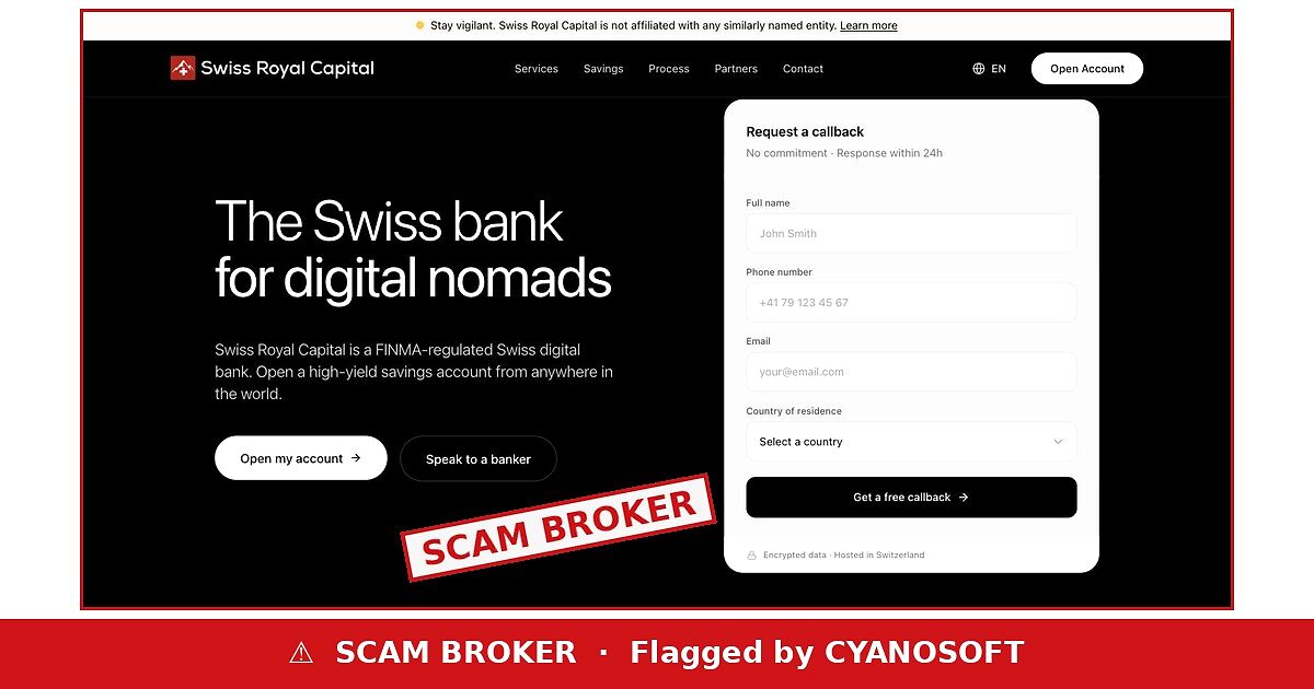 Swiss Royal Capital — flagged by Cyanosoft