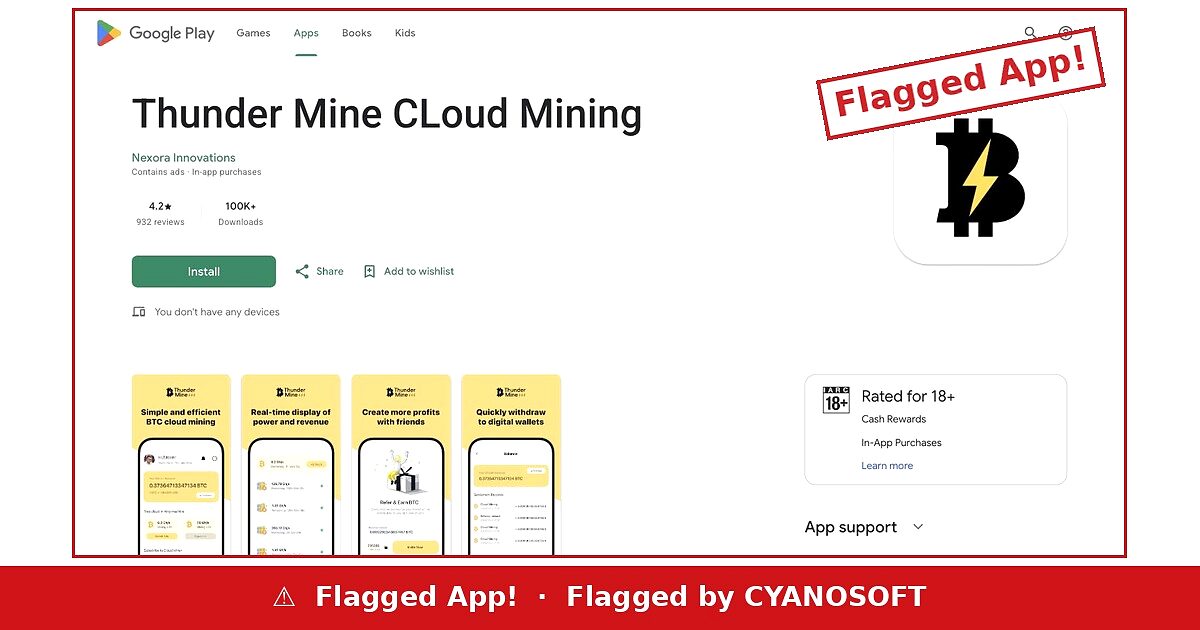 Thunder Mine Cloud Mining app listing on Google Play flagged by Cyanosoft