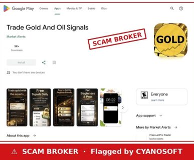 Trade Gold And Oil Signals Google Play listing flagged by CYANOSOFT