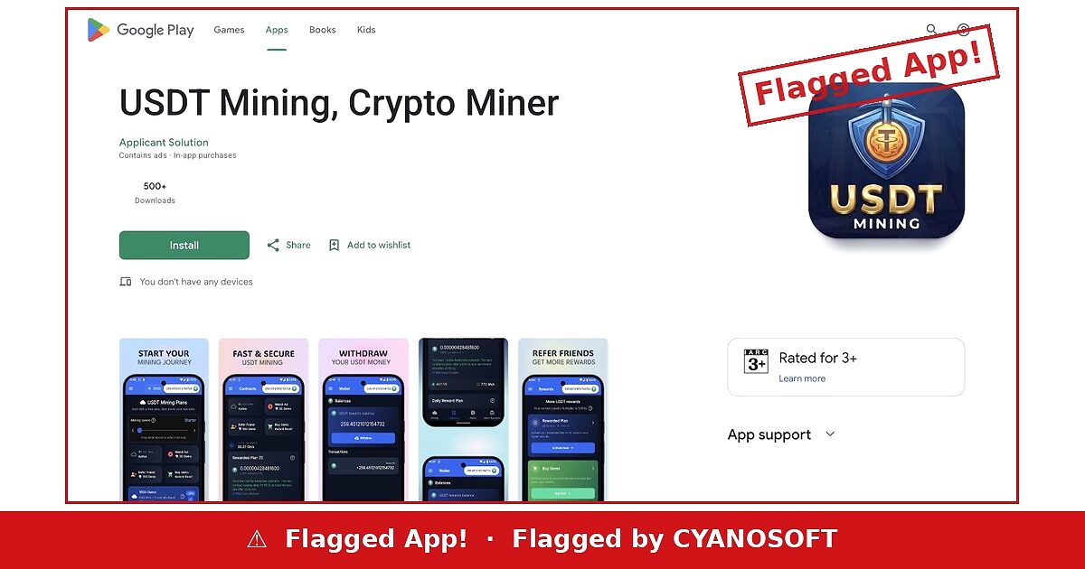 USDT Mining Crypto Miner by Applicant Solution listing flagged by Cyanosoft