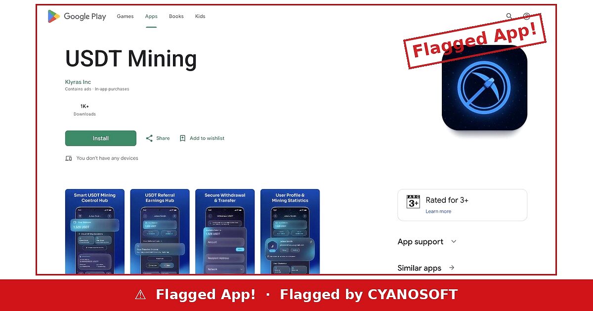 USDT Mining by Klyras Inc listing on Google Play flagged by Cyanosoft