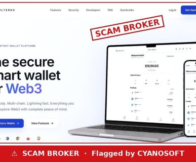 Vaulterro website flagged as a scam broker by Cyanosoft