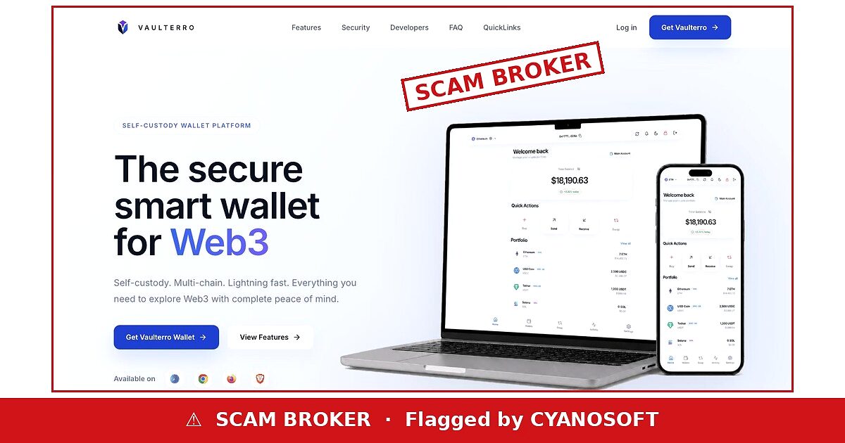 Vaulterro website flagged as a scam broker by Cyanosoft