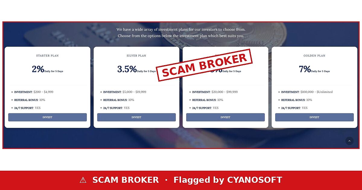 Zealott Vest flagged as a scam broker by CYANOSOFT